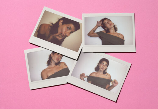 Mockup of Four blank polaroids placed on a pink background