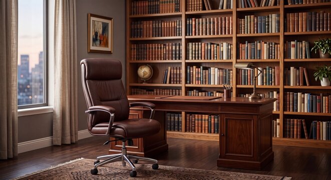 An elegant executive study room featuring a massive dark wood desk an empty leather chair and tall bookshelves filled with books next to a window