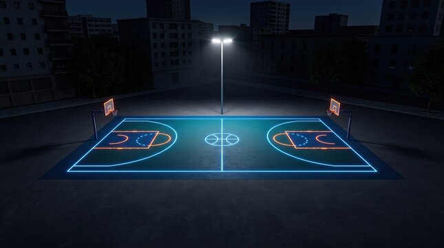 Futuristic glowing basketball court illuminated at night in the city