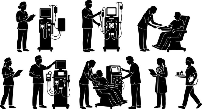 Set of medical staff working with dialysis machines and patients vector illustration