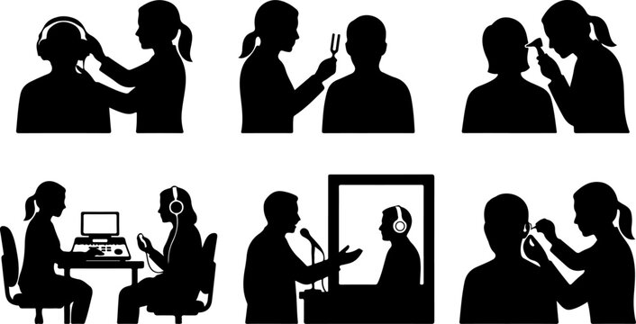 Set of silhouettes of audiologist examining patient hearing vector illustration