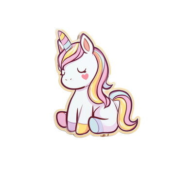  Cute smiling unicorn with a long rainbow mane on transparent png background. Ai generated