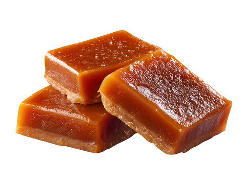 Glossy caramel toffee squares stacked together, isolated on a white background with a rich buttery texture.