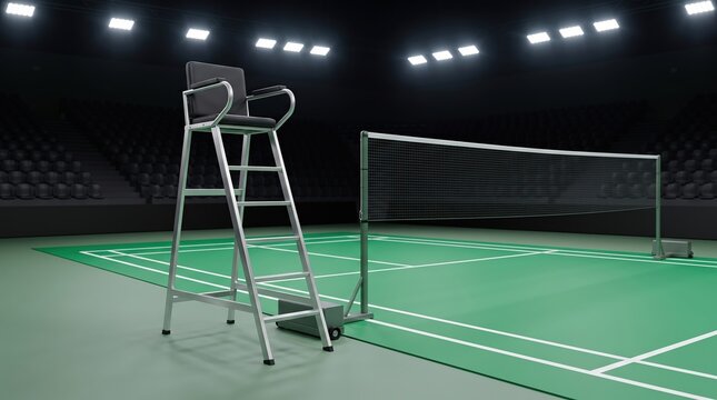 Brightly lit empty badminton court, poised for action with a referee's high chair