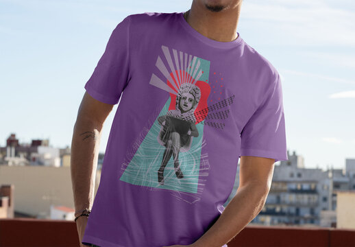 Mockup of wearing a plain white t-shirt and casual pants.