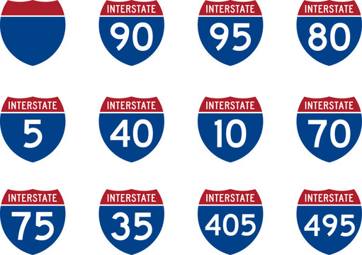 Set of american interstate highway road signs with various route numbers in blue and red colors Vector
