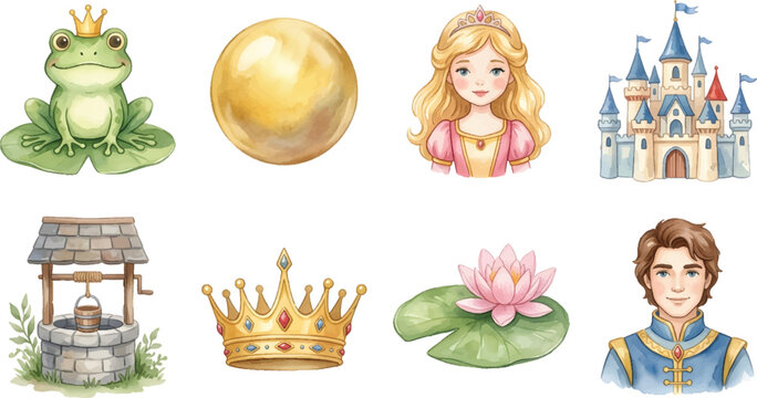 Vector Illustration Frog Prince Fairytale Watercolor Clipart Set with Princess, Castle and Golden Ball