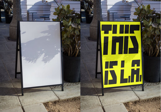 Mockup of A-frame sign stands empty on the floor in Los Angeles. 