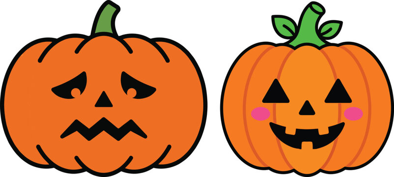Two cartoon jack o lantern pumpkins with different faces