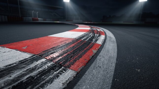 Night Racing Track Curve with Red and White Curbs and Stadium Lights