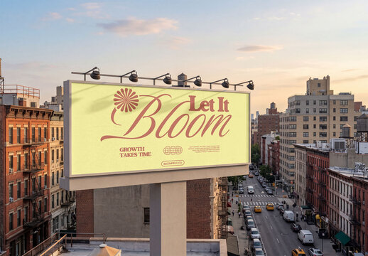 Mockup of A large empty billboard stands on a building in New York.