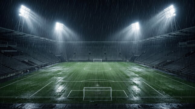 Dramatic empty football stadium under pouring rain and bright floodlights at night