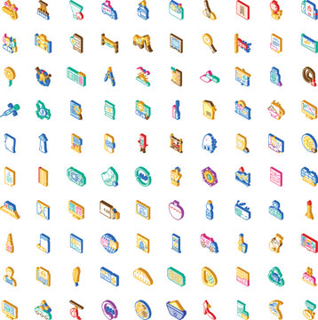 Collection of isometric colorful icons presenting various objects, symbols, and concepts suitable for infographic design, web elements, and modern digital illustrations