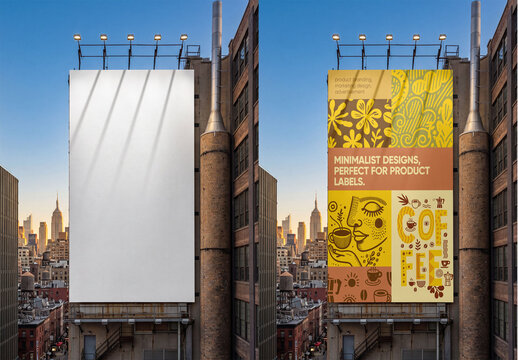 Mockup of A large, empty and vertical  billboard is seen on a New York building.