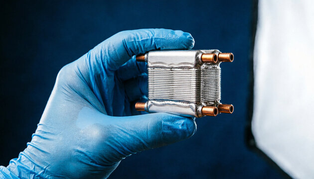 Gloved hand holding plate heat exchanger, Legionella water heater patent  