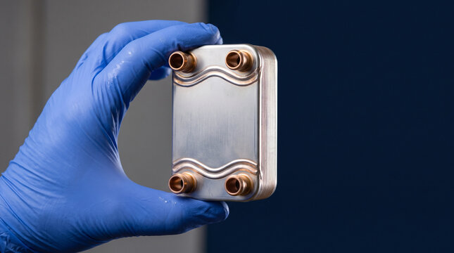 Gloved hand holding plate heat exchanger, Legionella water heater patent  
