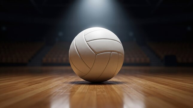 Volleyball on a wooden court in a stadium under stadium lights