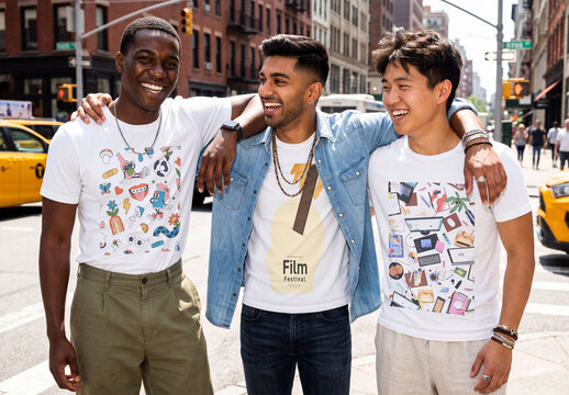 Mockup of Three friends stand together on a busy city street wearing casual T-shirts and smiling