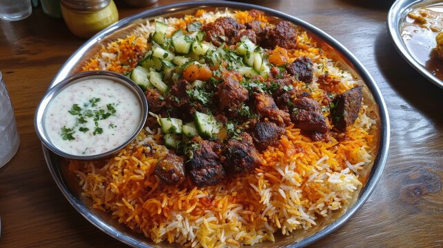 Colorful Delicious Plate of Biryani with Grilled Meat and Fresh Vegetables Served with Yogurt Dip