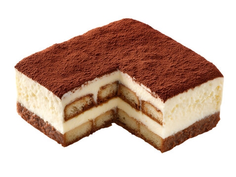 Classic tiramisu with mascarpone cream, espresso-soaked ladyfingers, and cocoa powder topping, isolated on a white background.
