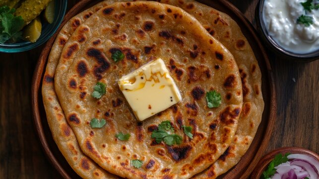 Delicious homemade paratha with butter garnished with fresh coriander on wooden table surrounded by side dishes