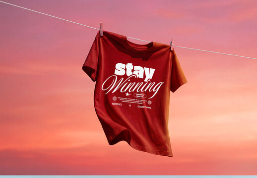 Mockup of Red T-Shirt Hangs at Sunset