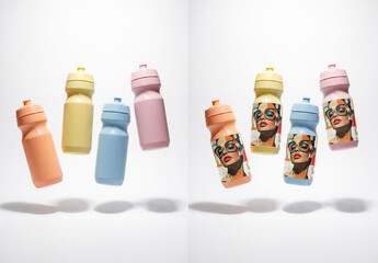 Mockup of 4 Colorful water Bottles