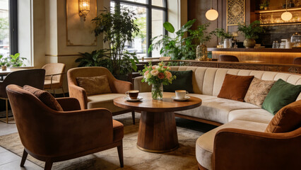 Fototapeta premium Elegant Coffee Shop Interior with Cozy Modern Seating