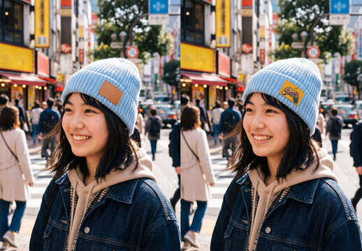 Mockup of blue Beanie with brown leather label