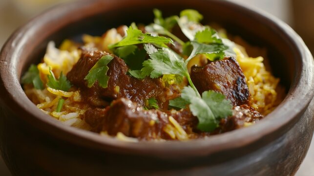 Aromatic Biryani with Tender Meat and Fresh Herbs in Traditional Earthenware Bowl