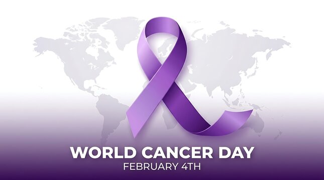 World cancer day awareness purple ribbon with global map february 4th