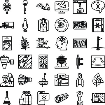 Assortment of line art icons representing business, communication, environment, food, travel, and personal concepts for a diverse range of applications