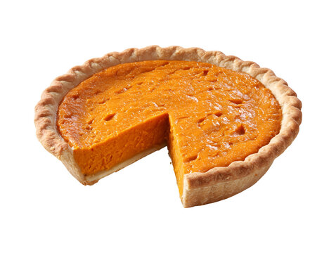 Whole sweet potato pie with one slice removed, featuring smooth orange filling and flaky crust, isolated on a white background.