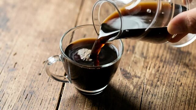 The shows a person pouring espresso coffee from a glass pitcher into two small cups with saucers on a wooden table. The setting appears to be indoors and has a warm, cozy ambiance.
