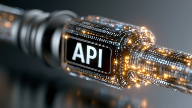 A digital cable with glowing binary code and the label "API," symbolizing data connectivity and interface technology.