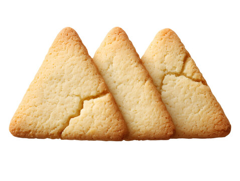 Three classic triangular sugar cookies with two broken pieces revealing a soft, buttery crumb, isolated on a white background.