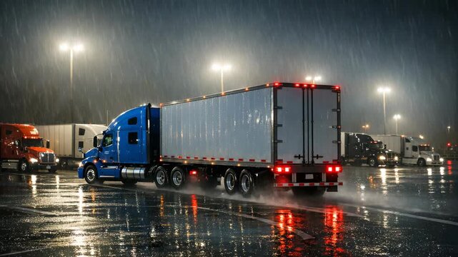 A large blue truck driving on wet road during a rainy night with other trucks visible in the background.