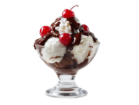 Classic ice cream sundae with vanilla and chocolate scoops, hot fudge, whipped cream, and maraschino cherries in a glass bowl.