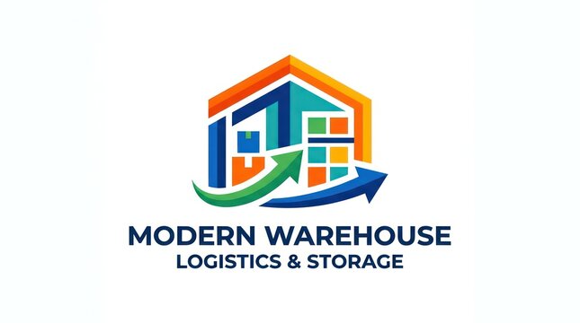 Modern warehouse logo, dynamic design with arrows for logistics and storage solutions.