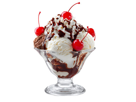 Classic ice cream sundae with vanilla and chocolate scoops, whipped cream, hot fudge, and maraschino cherries in a glass sundae cup.