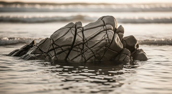 Textured Rock Formation in Ocean Water at Sunset, Serene Coastal Landscape with Unique Geological Patterns