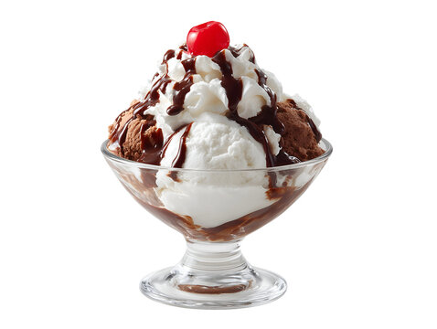 Classic ice cream sundae with vanilla and chocolate scoops, whipped cream, hot fudge, and a maraschino cherry in a glass dessert bowl.