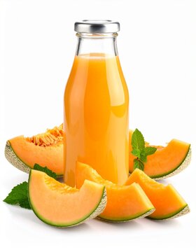 glass bottle filled with fresh melon juice and fruit slices
