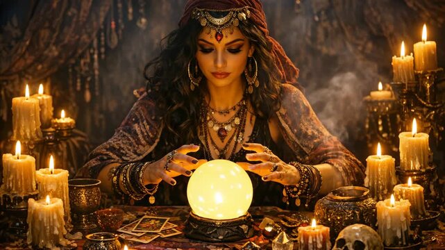 Mystical woman gazes at glowing crystal ball. Candles flicker around her on dark wooden table. Her hands hover above the ball, ready to read future. She wears ornate jewelry and flowing