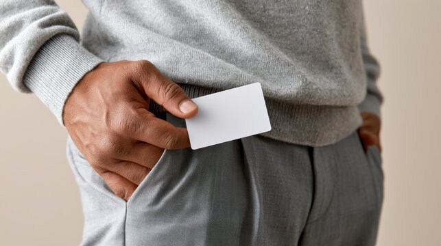 A person in gray clothing holding a blank white card near their pocket, highlighting the card for potential customization or identification.