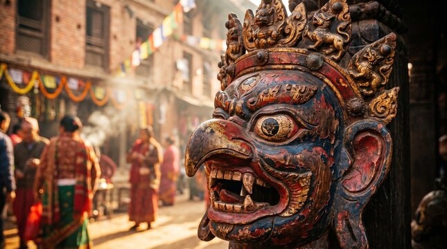 Bhaktapur Indra Jatra Nepal, masked dances in heritage square, bold 3D banner, side copy space