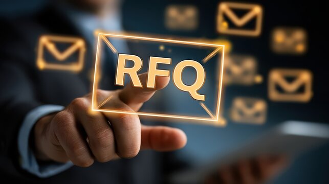 A person points at a glowing "RFQ" email icon, symbolizing request for quotation in digital communication and business processes.