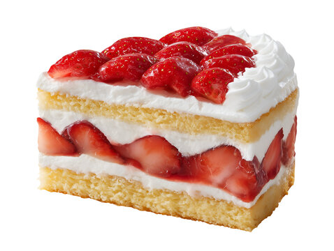 Layered strawberry shortcake with fluffy whipped cream, vanilla sponge, and fresh strawberries, isolated on a white background.