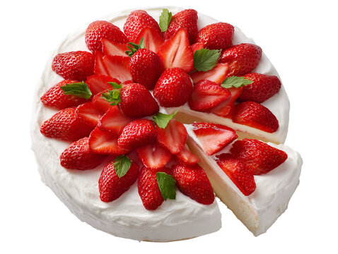 Whole strawberry shortcake topped with fresh strawberries, whipped cream, and mint leaves, with one slice removed, isolated on white background.