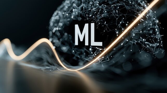 Futuristic digital network with connected nodes and flowing lines surrounding the letters "ML," symbolizing machine learning and modern technology.